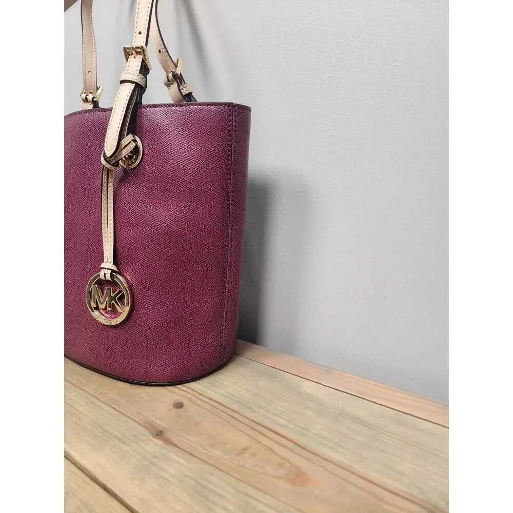 Michael Kors Burgundy Tote Shoulder Bag Gold Hardware Logo Charm Beige Straps